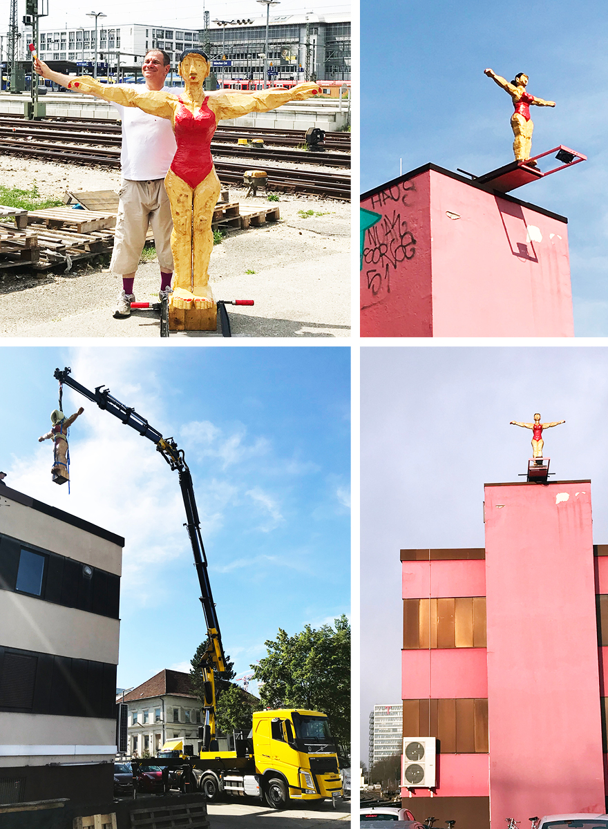 Installation der 'Turmspringerin' von Jörg Herz
