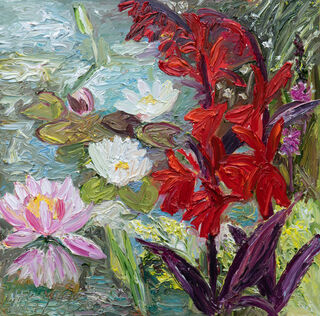 Picture "Water lilies and red lobelia" (2023)