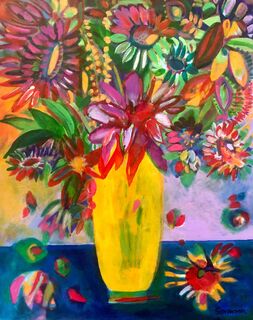 Bild "Bunte Blumen in gelber Vase" (2023)