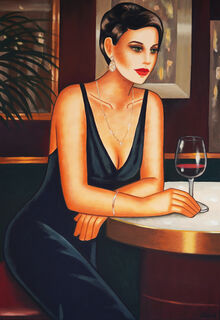 Bild "Midnight Elegance in Thought" - Frau mit Rotwein" (2023)