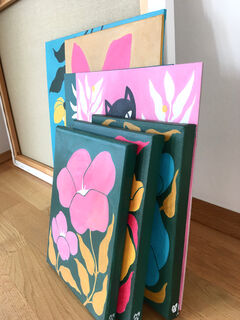 Picture "Set of three "Flowers in orange, pink and turquoise" (2023)