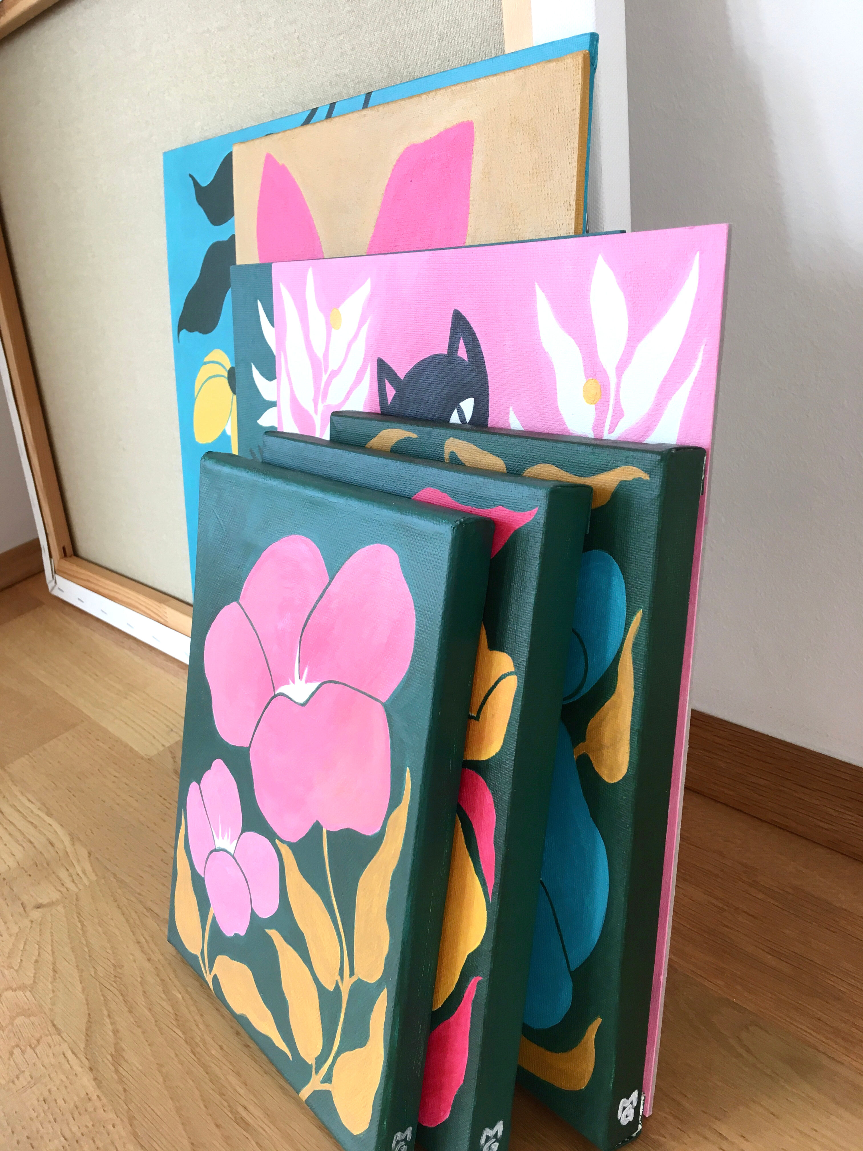 Picture "Set of three "Flowers in orange, pink and turquoise" (2023)