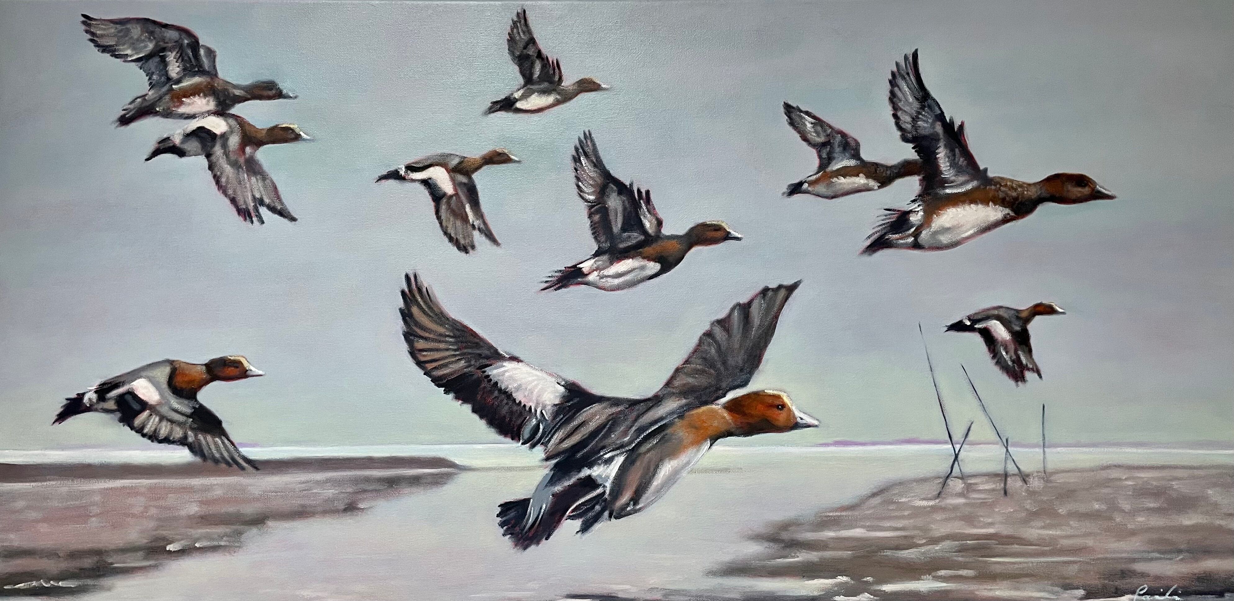 Picture "Wigeon ducks in flight" (2023)