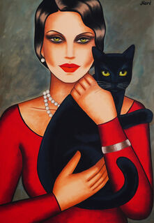 Bild "Eyes of Mystery - Frau mit schwarzen Katze- Originalgemälde" (2023)