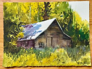 Bild "Hütte im Wald mit bläulichem Schatten" (2024)
