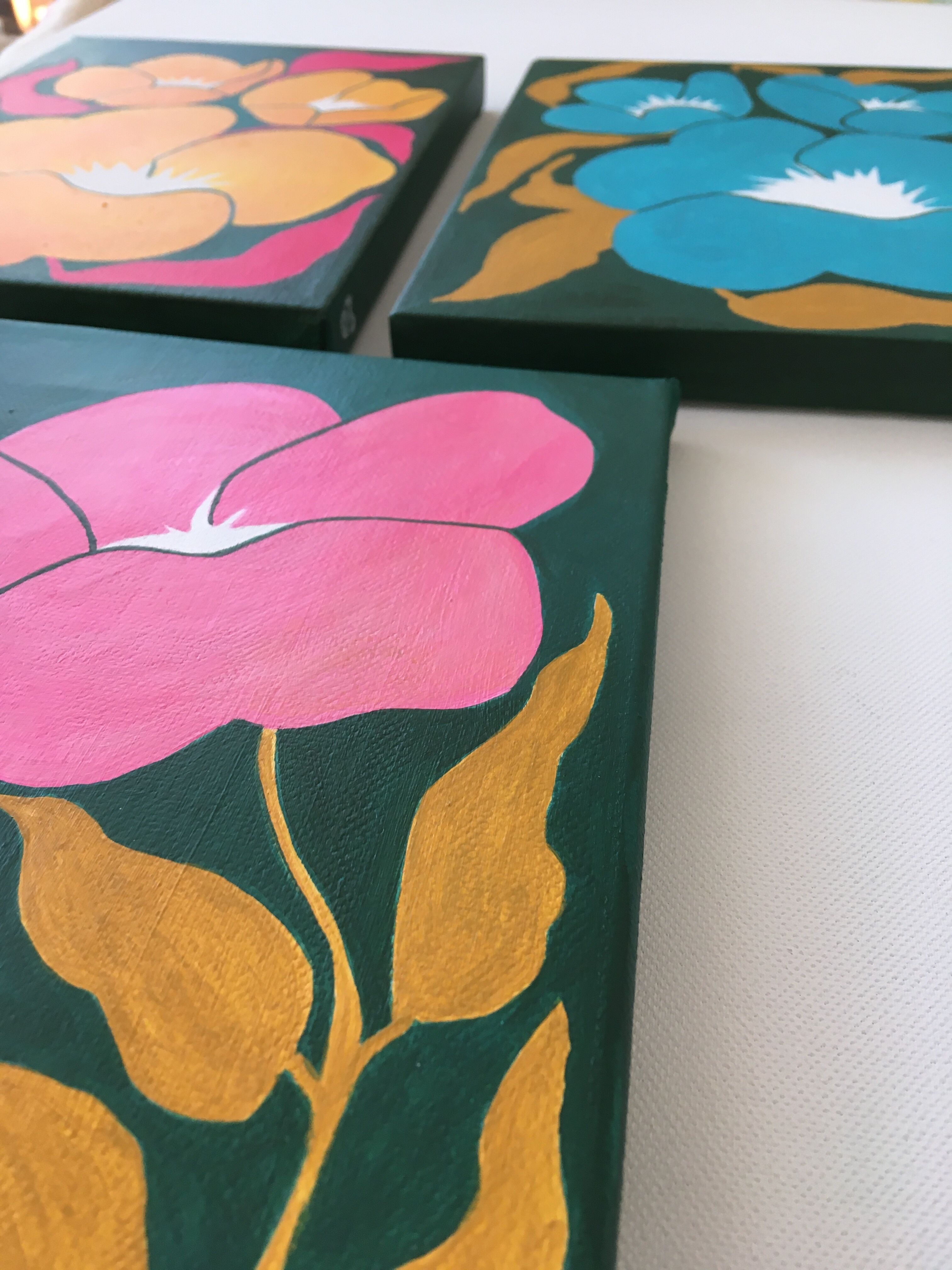 Picture "Set of three "Flowers in orange, pink and turquoise" (2023)