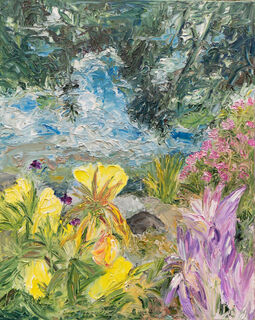 Picture "Evening primrose and autumn crocus at the pond" (2022)