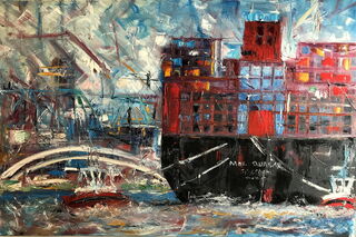 Picture "Hamburg harbor view with container ship" (2020)