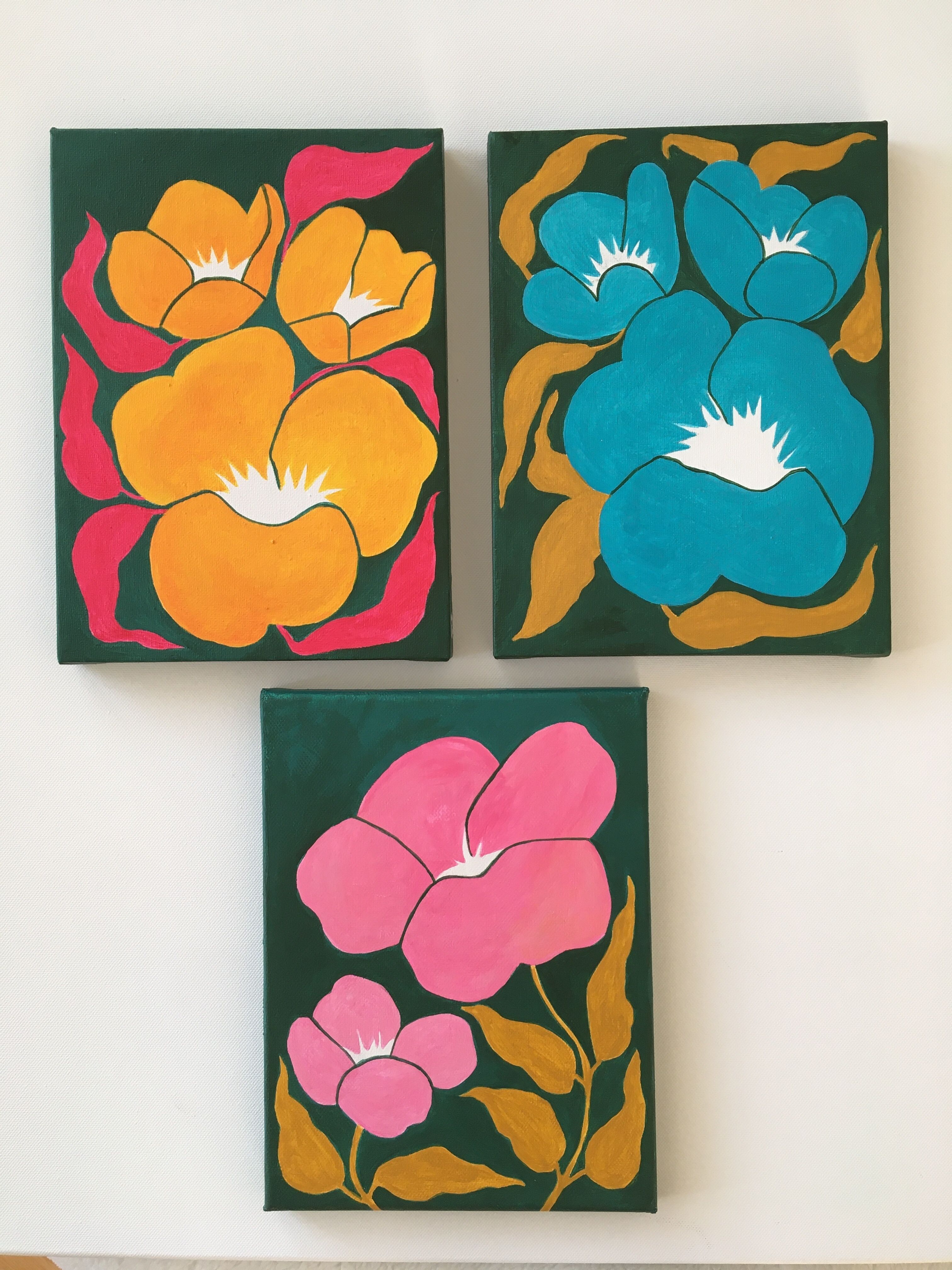 Picture "Set of three "Flowers in orange, pink and turquoise" (2023)