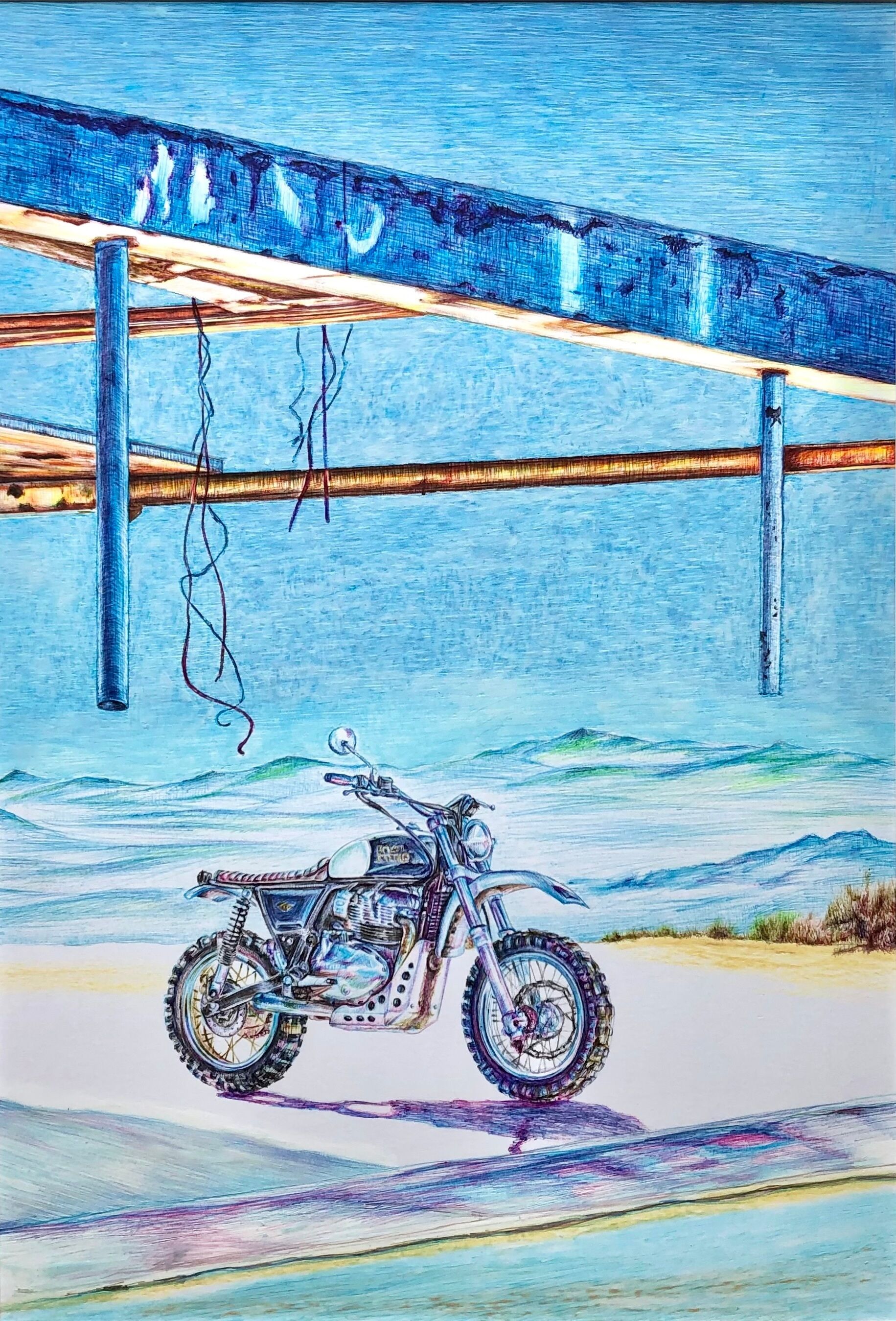 Bild "Motorrad Royal Enfield am Gerüst" (2021)